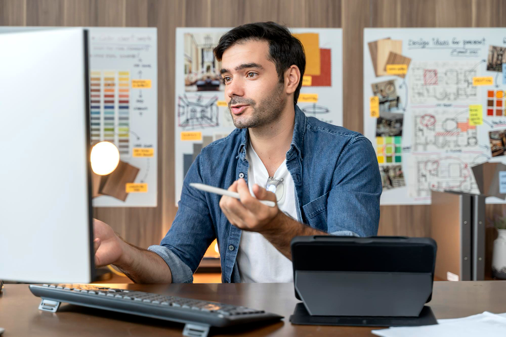 Profissional analisando informações financeiras no computador durante planejamento tributário para infoprodutores em escritório.