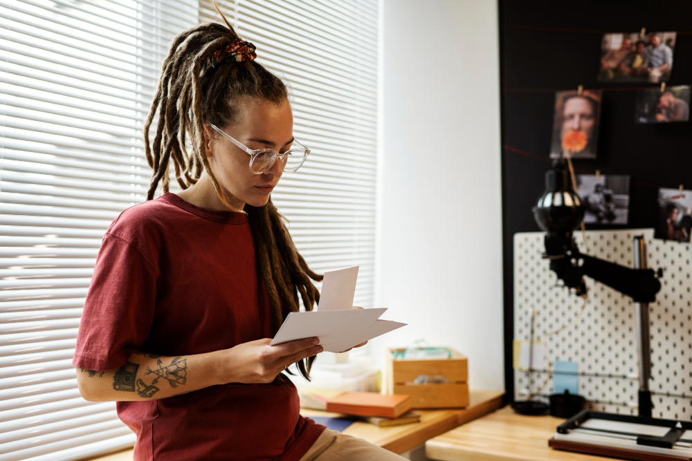 Pessoa com óculos e cabelos em dreadlocks analisando fotografias impressas em um estúdio fotográfico, com iluminação natural, mesa de trabalho e equipamentos de fotografia ao fundo.
