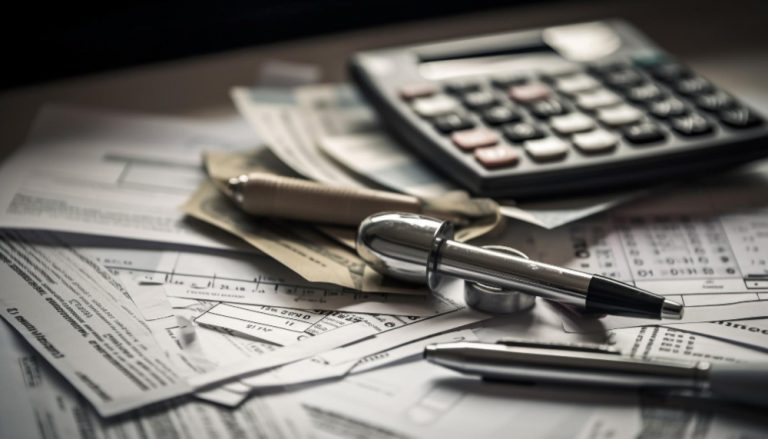 Documentos financeiros e fiscais sobre uma mesa, acompanhados de calculadora e canetas, representando a contabilidade para agências de marketing digital e tráfego.