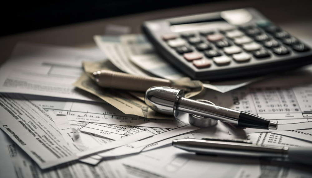 Documentos financeiros e fiscais sobre uma mesa, acompanhados de calculadora e canetas, representando a contabilidade para agências de marketing digital e tráfego.