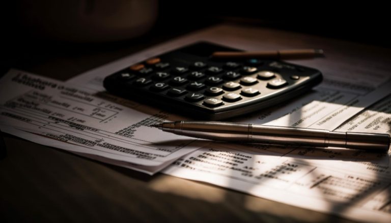 Calculadora e caneta sobre documentos fiscais e financeiros, representando o planejamento tributário para negócios digitais.