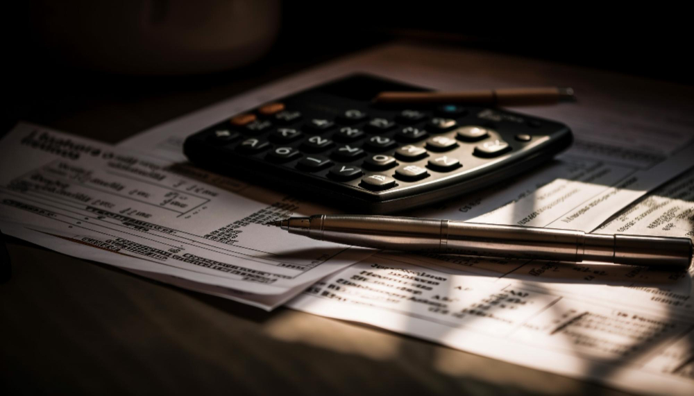 Calculadora e caneta sobre documentos fiscais e financeiros, representando o planejamento tributário para negócios digitais.