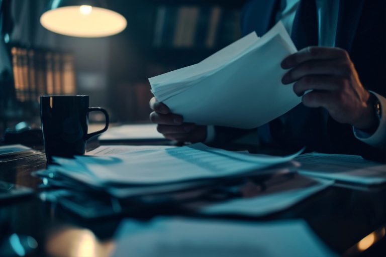 Profissional analisando documentos financeiros e fiscais sobre uma mesa, representando a tributação de criadores de conteúdo no YouTube.