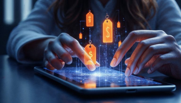 Pessoa utilizando um tablet com etiquetas digitais de preço e símbolos de dinheiro, representando vendas em plataformas como Hotmart, Kiwify e Eduzz.