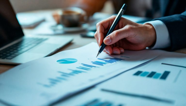 Profissional analisando gráficos e relatórios financeiros durante o planejamento tributário de uma empresa.