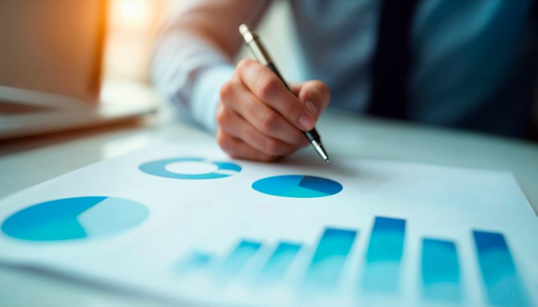 Profissional analisando gráficos e indicadores financeiros em um relatório, representando o planejamento tributário para negócios digitais em 2027.