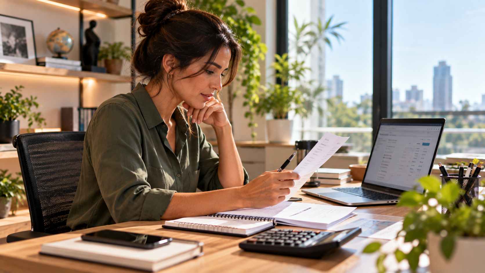 Microempreendedora analisando documentos fiscais e informações financeiras no computador para emissão de nota fiscal como MEI.