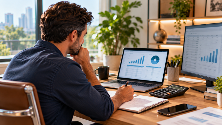 Infoprodutor analisando indicadores financeiros e cálculos tributários para enquadramento no Fator R e Anexo III do Simples Nacional.