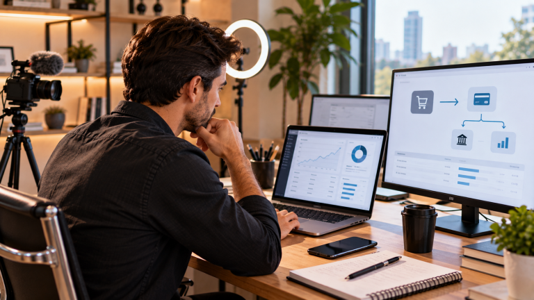 Infoprodutor analisando fluxo de pagamentos e indicadores financeiros, representando o funcionamento do split payment e o recolhimento automático de impostos.