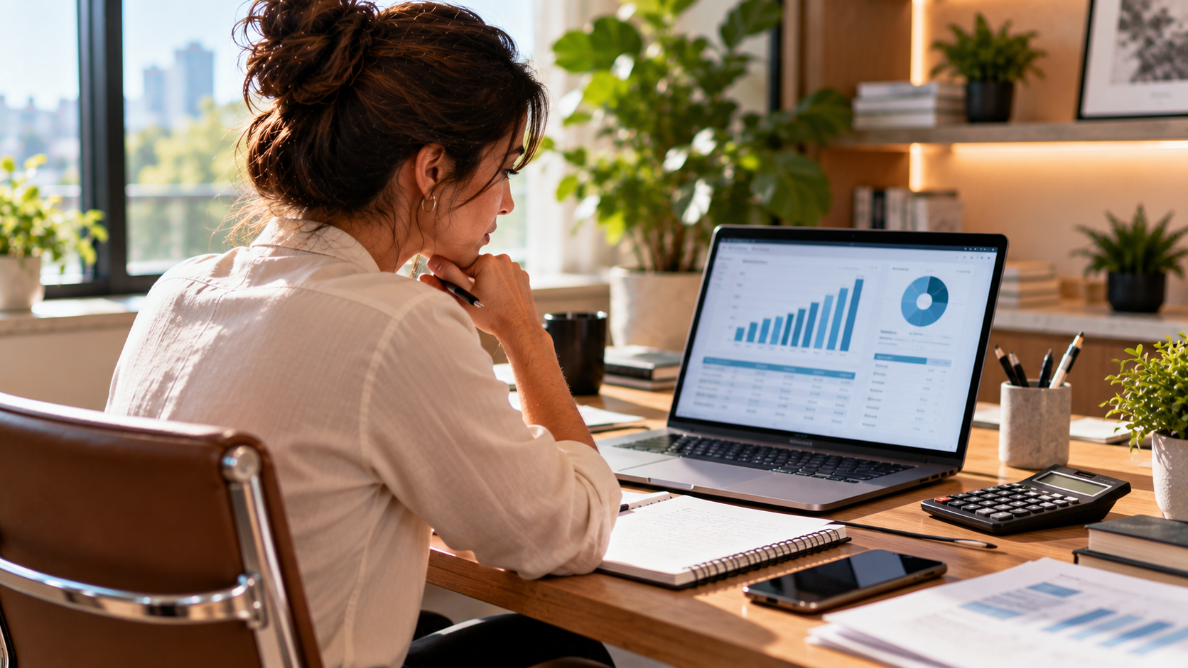 Empreendedora analisando indicadores financeiros e cálculos para entender os impactos de ultrapassar o limite do Simples Nacional.