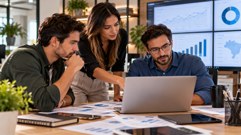 Equipe de agência analisando indicadores financeiros e custos de mídia para avaliar impactos do repasse de mídia na Reforma Tributária.
