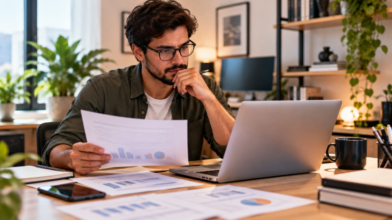 Empreendedor digital analisando relatórios de faturamento e documentos contábeis no notebook, representando as mudanças no RBT-12 e no cálculo do Fator R para o Simples Nacional em 2027.
