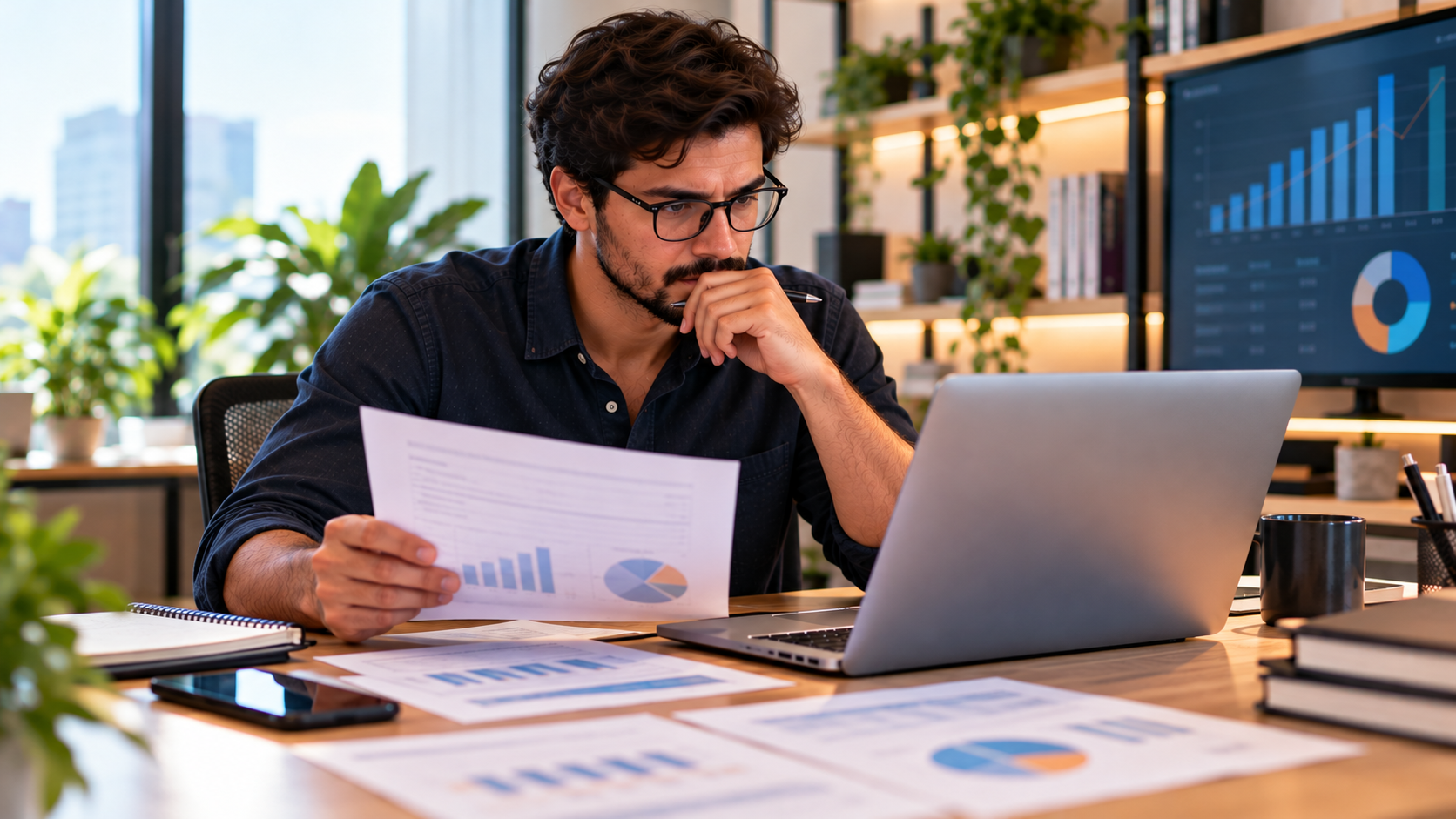 Empreendedor digital analisando relatórios de faturamento e projeções financeiras no notebook, representando o sublimite de R$ 3,6 milhões do Simples Nacional e seus impactos no recolhimento do IBS.