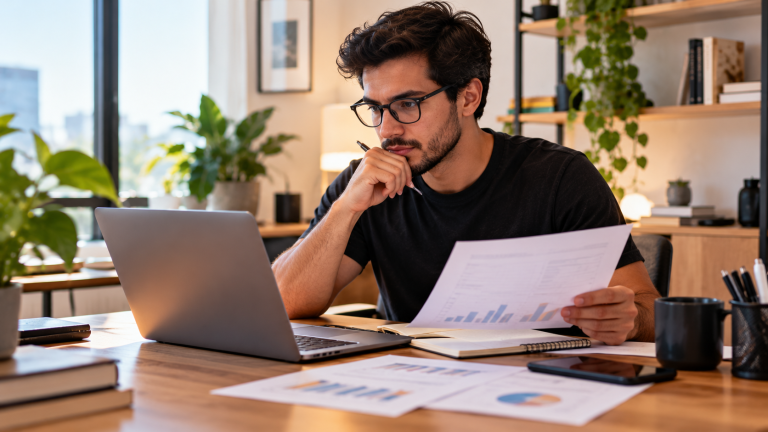 Empreendedor digital analisando relatórios financeiros e dados de faturamento no notebook, representando o diagnóstico tributário para calcular impostos na Reforma Tributária.