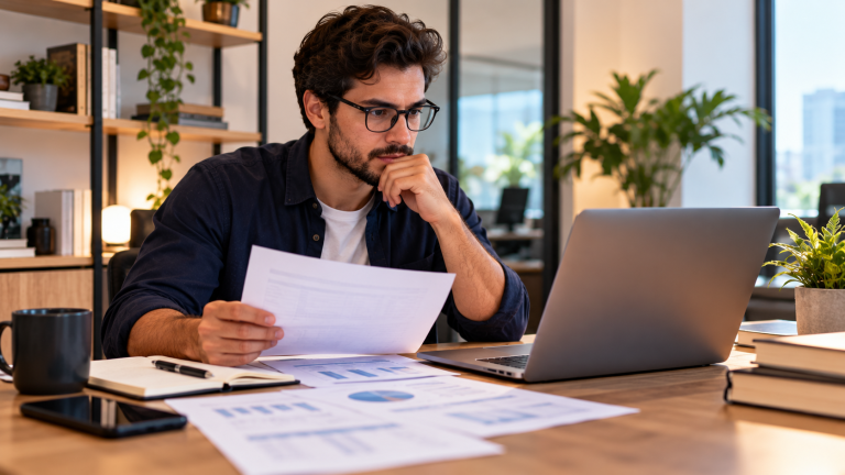 Empreendedor digital analisando documentos contábeis e informações financeiras no notebook, representando o regime regular do IBS e da CBS para empresas do Lucro Presumido e Lucro Real.