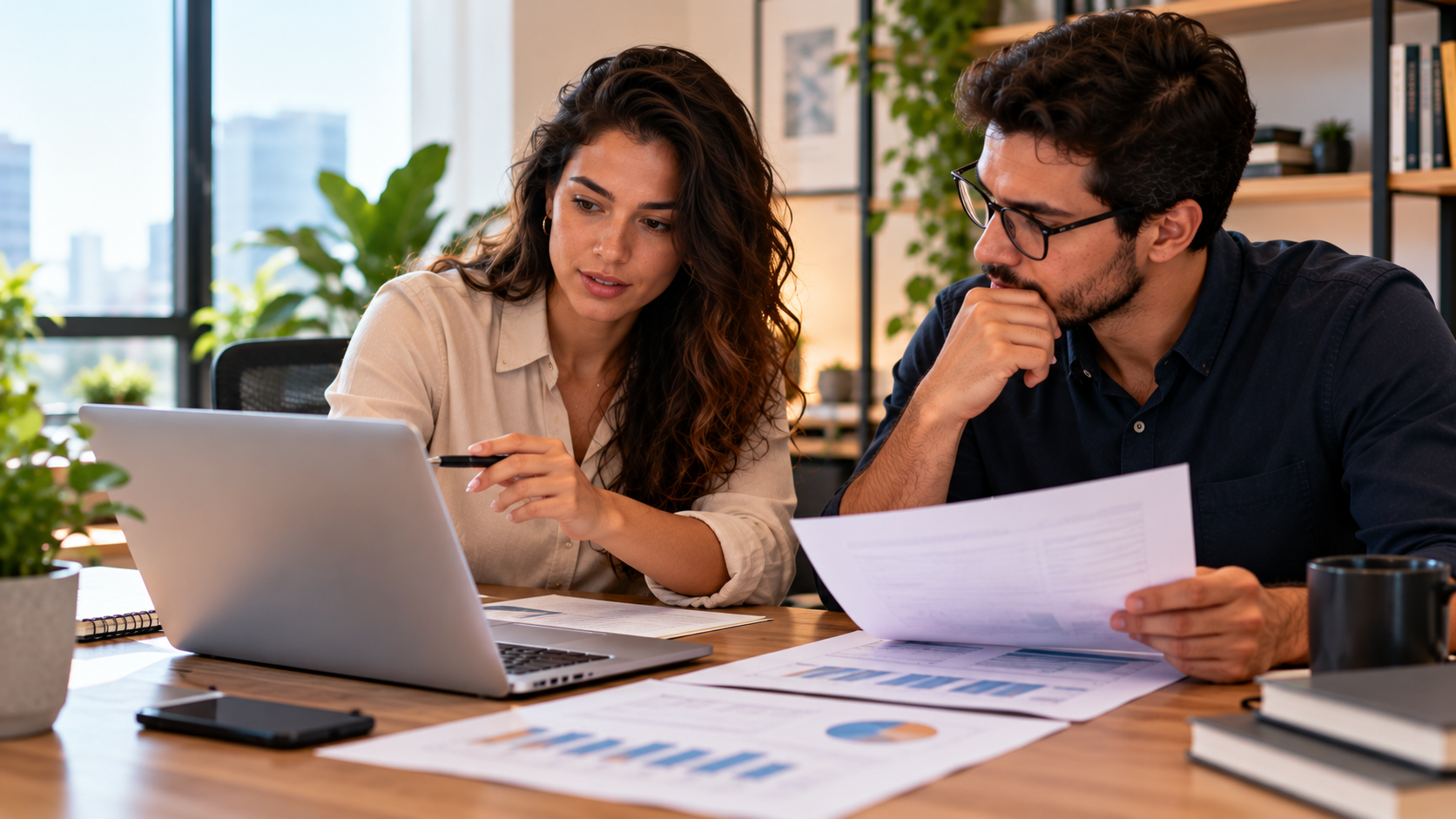 Profissionais de negócios digitais analisando documentos fiscais e informações no notebook, representando o aproveitamento de créditos de IBS e CBS por clientes pessoa jurídica que contratam fornecedores do Simples Nacional.