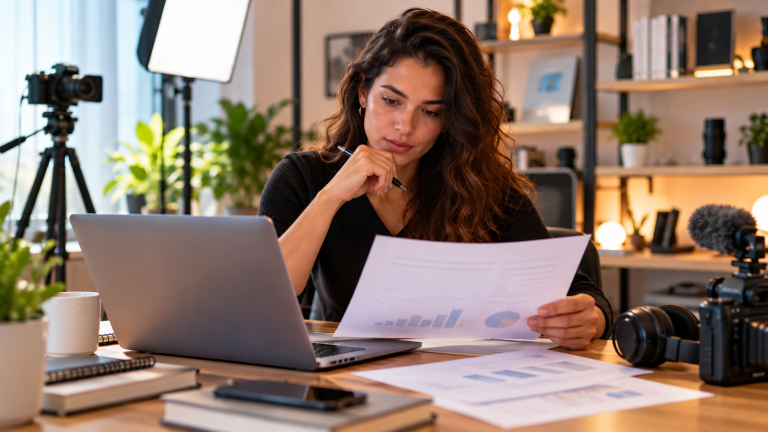Criadora de conteúdo digital analisando relatórios financeiros e diferentes fontes de faturamento em seu estúdio, representando a receita bruta ampliada no Simples Nacional e seus impactos tributários em 2027.
