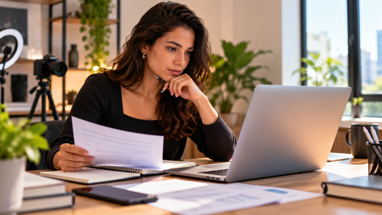 Criadora de conteúdo digital analisando documentos fiscais e informações financeiras no notebook, representando o fim do regime de caixa no Simples Nacional em 2027.