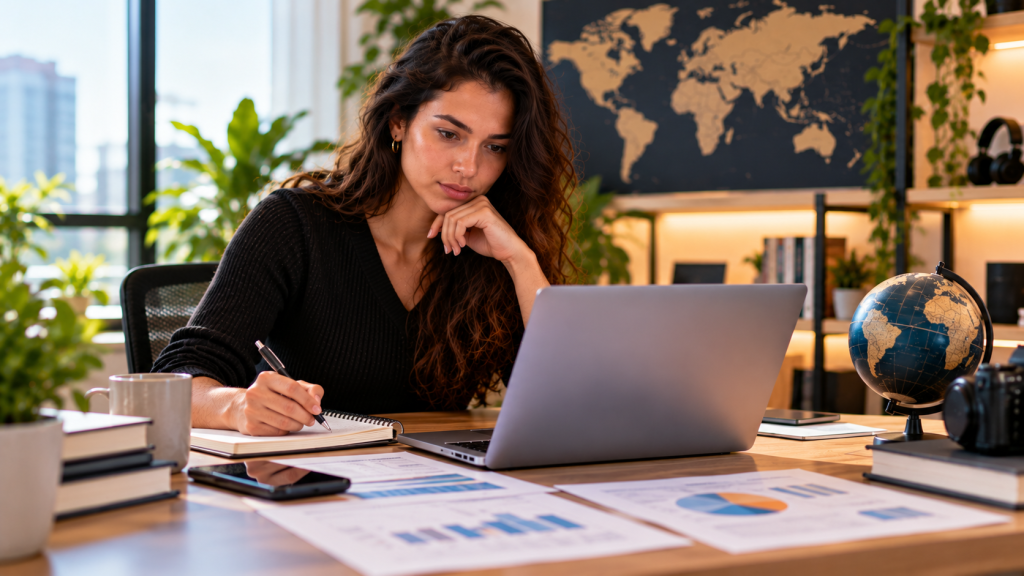 Empreendedora digital analisando relatórios financeiros e diferentes fontes de faturamento no notebook, representando a globalização de receitas no Simples Nacional e o controle separado de operações nacionais e internacionais.