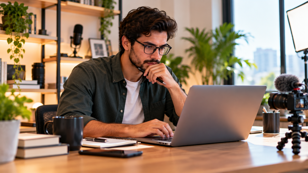Microempreendedor individual trabalhando no notebook em home office organizado, representando as regras do MEI na Reforma Tributária de 2027 e a manutenção do recolhimento pelo SIMEI.
