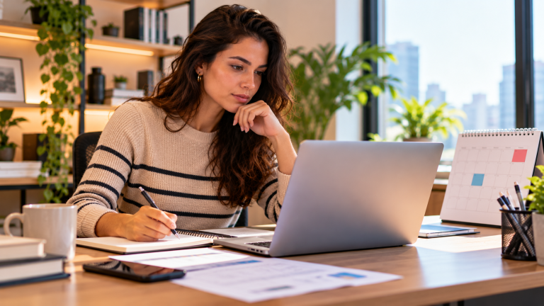 Empreendedora digital organizando o calendário tributário e analisando informações no notebook, representando os prazos de março e setembro para opção pelo regime regular de IBS e CBS em 2027.