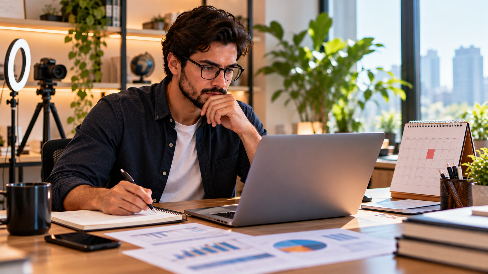 Empreendedor digital analisando informações fiscais no notebook e organizando seu calendário de obrigações, representando o prazo de opção pelo Simples Nacional para 2027 e a escolha do regime de IBS e CBS.