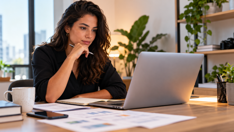 Empreendedora digital analisando documentos financeiros e informações no notebook em um escritório organizado, representando o planejamento para o calendário da Reforma Tributária de 2026 a 2033.